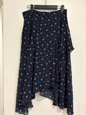 Navy Asymmetrical Floral Midi Skirt with Red and White Accents